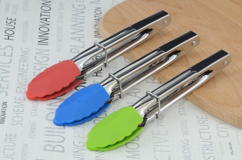 HINMAY Mini Tongs with Silicone Tips 7-Inch Serving Tongs, Set of 3 (Green Red Blue) - Image 5